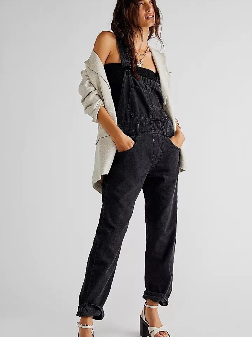 Sz M Free People We the Free Ziggy black denim straight leg overalls
